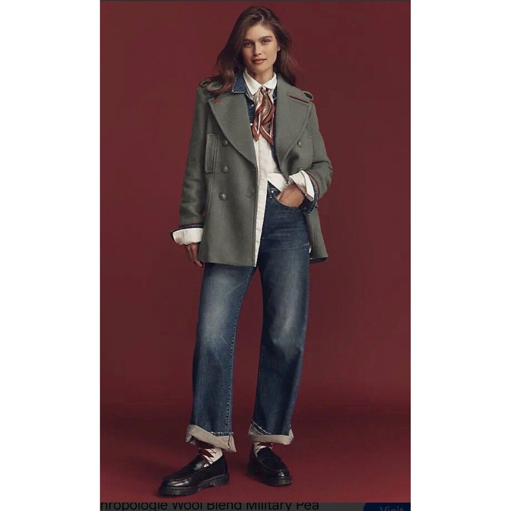 Anthropologie Wool Blend Military Double Breasted Pea Coat Lined Beech XL NWT